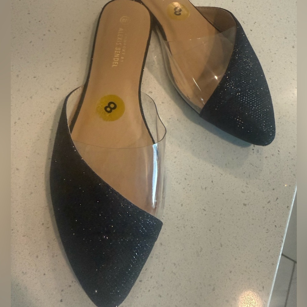 Womens Clear Strap Pointed Toe Mules Size 8 Black Glitter Slip On Chic